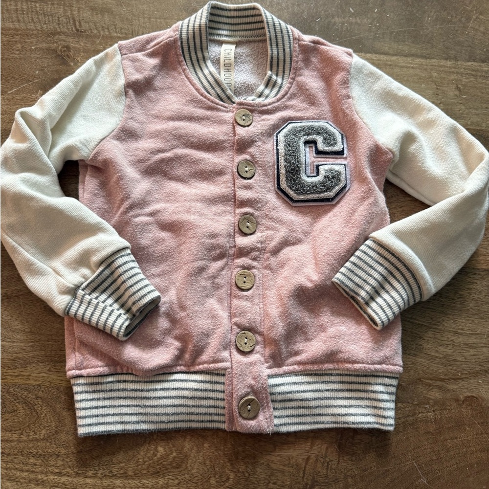 Childhoods Kids Varsity Jacket in Pink and Cream